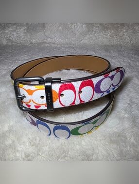 NWOT Coach Roller Buckle Reversible Belt - Calf Leather Rainbow Signature Canvas